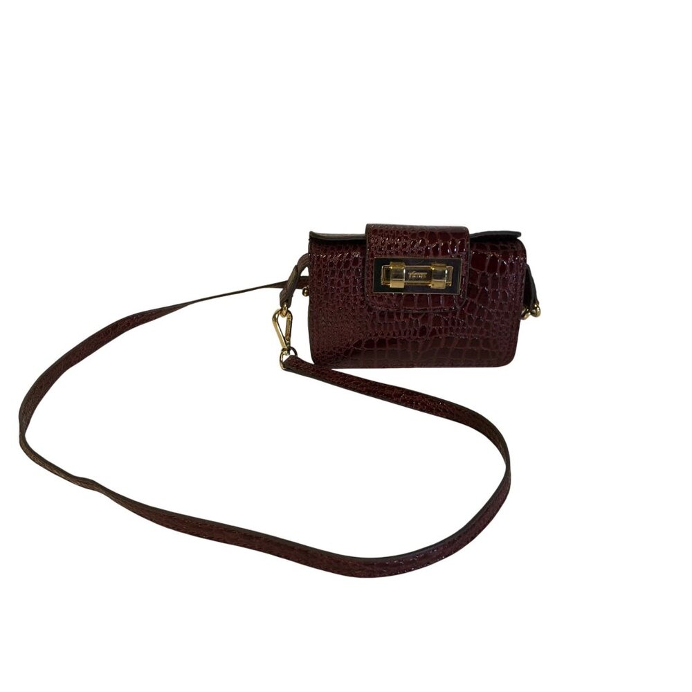 Victor Faux Crocodile Brown Mini Shoulder Bag Gold Hardware Adjustable Strap